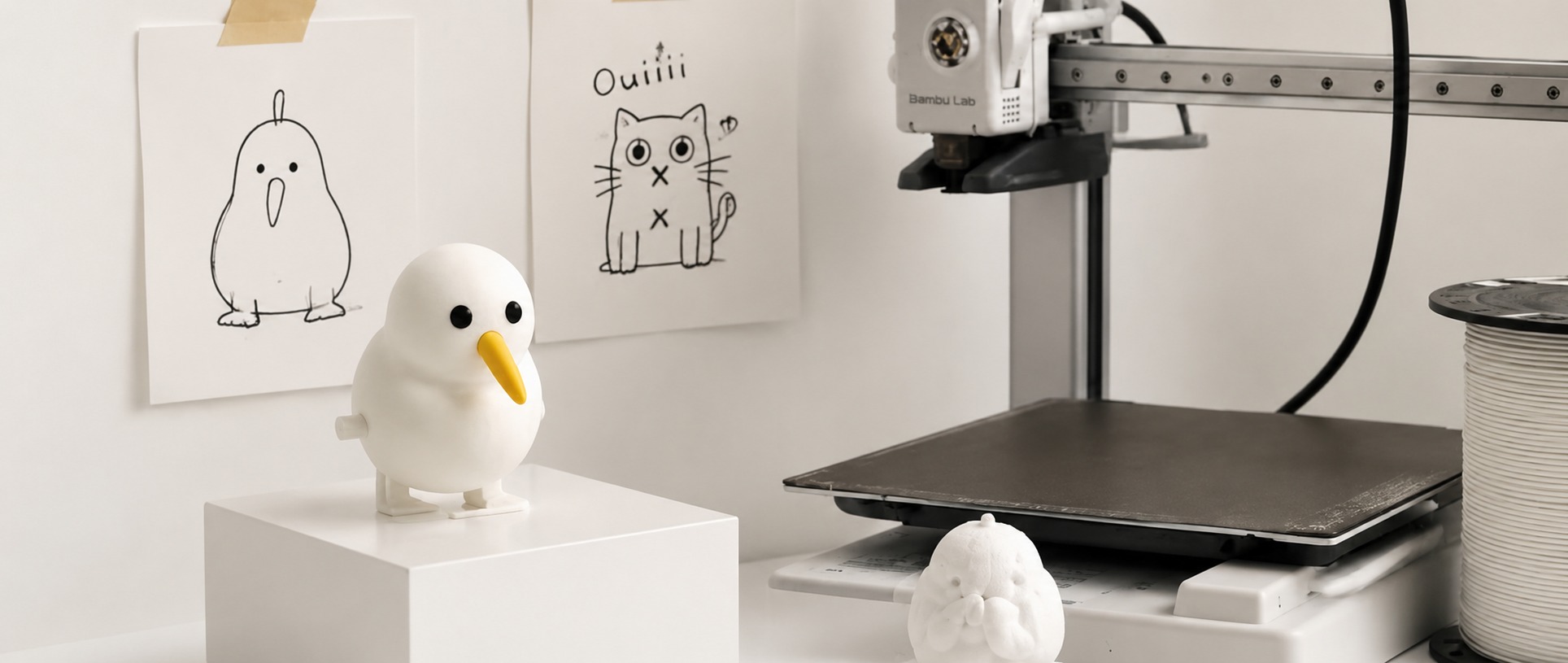 Making room with 3D printer, sketches and small object