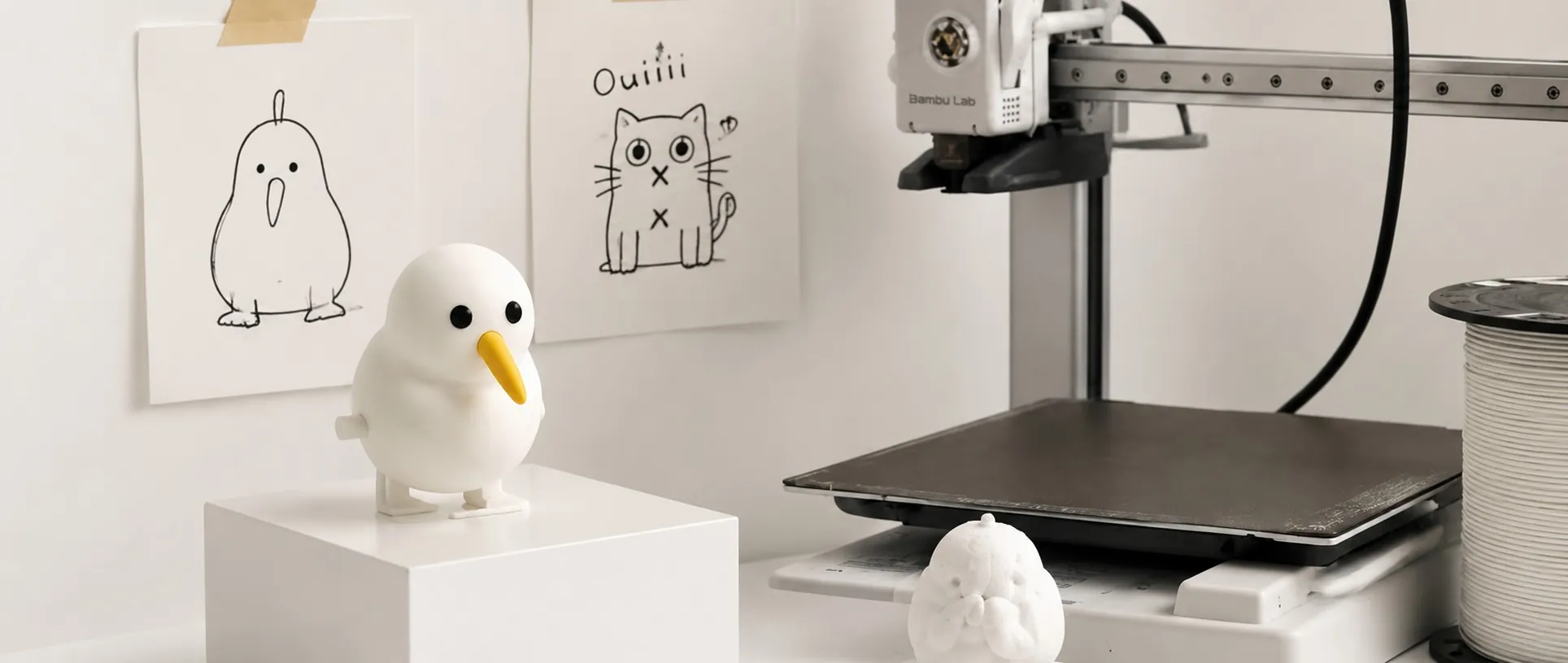 Making room with 3D printer, sketches and small object