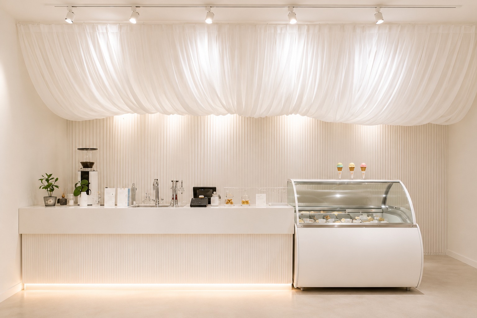 FUGITOTO white interior with soft curtain and ice cream counter