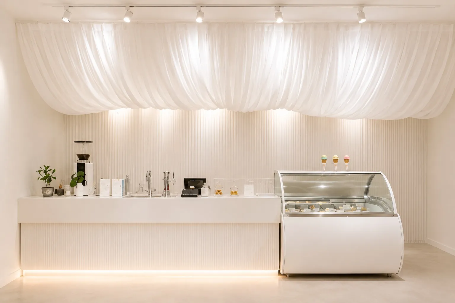 FUGITOTO white interior with soft curtain and ice cream counter